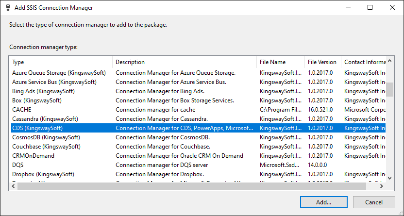 Add SSIS CDS Connection Manager